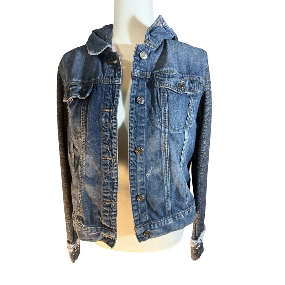 Mudd Womens XL Denim Jacket Mixed Media Knit Sleeves Hood Blue Gray JM73Z001RW2